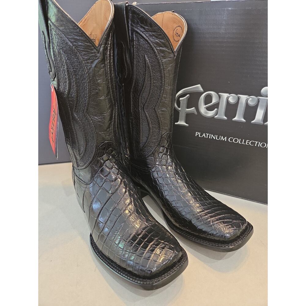 Ferrini 9.5 Platinum Alligator Belly Square Cowboy Mens Boots Black